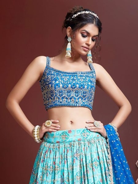 High-End Designer Chinnon Lehenga in Sky Blue with Mirror Embroidery a  Bridal Glow Look Designer Lehenga Choli