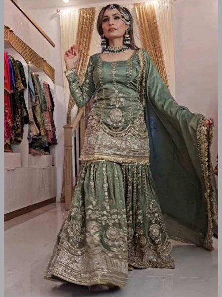 sage green chinon silk punjabi suit stitched designer plazzo for weddings Ready To Wear Suit