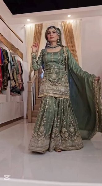 sage green chinon silk punjabi suit stitched designer plazzo for weddings Ready To Wear Collection