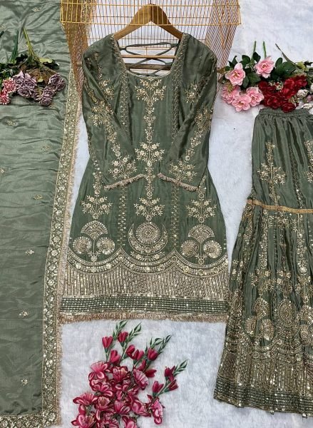 sage green chinon silk punjabi suit stitched designer plazzo for weddings Ready To Wear Collection