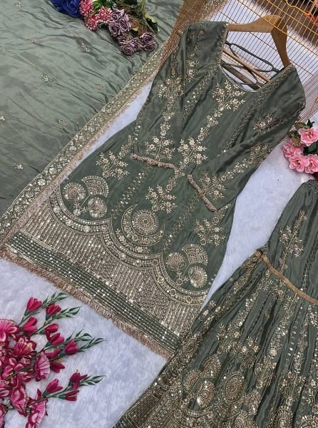 sage green chinon silk punjabi suit stitched designer plazzo for weddings Ready To Wear Collection