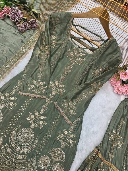 sage green chinon silk punjabi suit stitched designer plazzo for weddings Ready To Wear Collection
