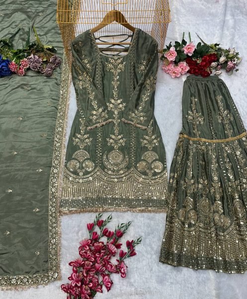 sage green chinon silk punjabi suit stitched designer plazzo for weddings Ready To Wear Collection