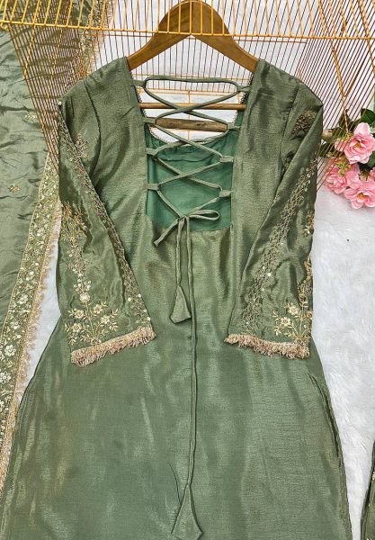 sage green chinon silk punjabi suit stitched designer plazzo for weddings Ready To Wear Collection