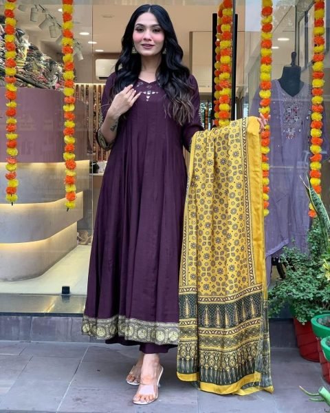 Sangria Printed Anarkali Kurta & Trouser With Dupatta In Affordable Price  Anarkali Kurtis 