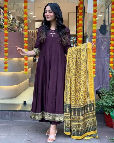Sangria Printed Anarkali Kurta & Trouser With Dupatta In Affordable Price  Anarkali Kurtis 