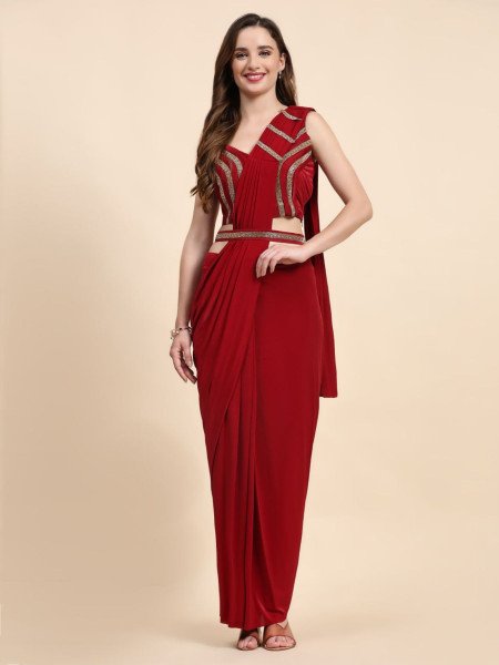 Scarlet Shine Red Crystal Saree with Designer Lace Blouse Ready to Wear