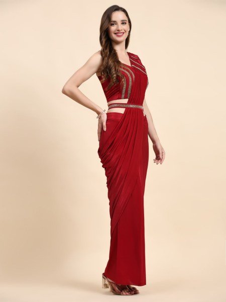 Scarlet Shine Red Crystal Saree with Designer Lace Blouse Ready to Wear Ready To Wear Saree 