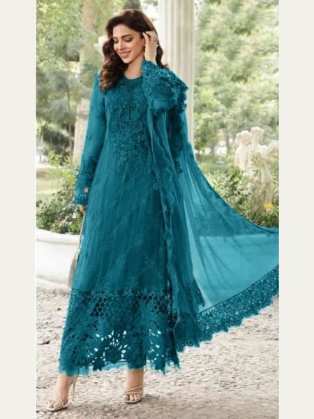 Sea Green Chiffon Pakistani Salwar Suit with Laser   Moti Work Designer Suit with Embroidered Dupatta at Wholesale Price 