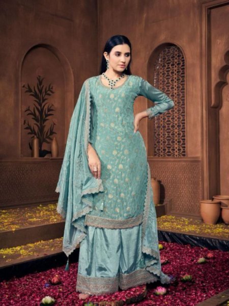 sea green chinon palazzo suit festive ready set by vouch noor mahal Salwar Kameez