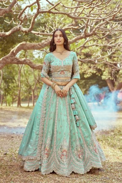 Sea Green Crushed Tissue Bridal Lehenga Multi Embroidery with Moti Zari Dupatta Latest Exporter Designer   Bridal Lehenga Choli