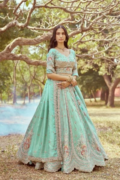 Sea Green Crushed Tissue Bridal Lehenga Multi Embroidery with Moti Zari Dupatta Latest Exporter Designer   Bridal Lehenga Choli