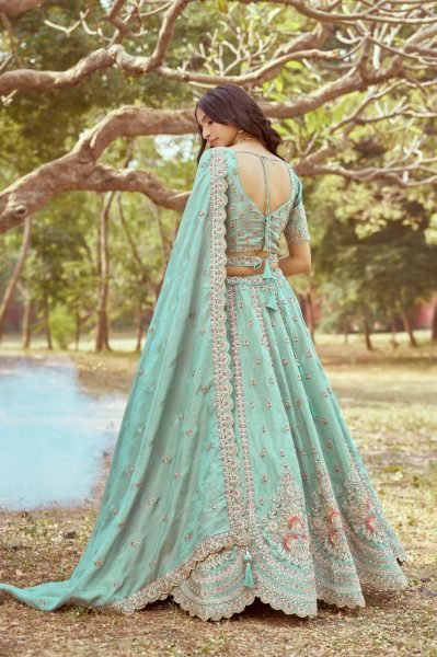 Sea Green Crushed Tissue Bridal Lehenga Multi Embroidery with Moti Zari Dupatta Latest Exporter Designer   Bridal Lehenga Choli