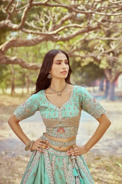 Sea Green Crushed Tissue Bridal Lehenga Multi Embroidery with Moti Zari Dupatta Latest Exporter Designer   Bridal Lehenga Choli