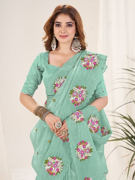 Sea Green Gold Crush Silk Saree with Floral Embroidery and Cutwork Border Sarees 