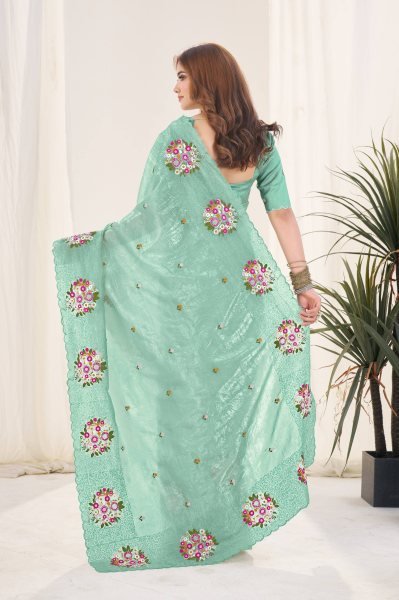 Sea Green Gold Crush Silk Saree with Floral Embroidery and Cutwork Border Silk Sarees Wholesale
