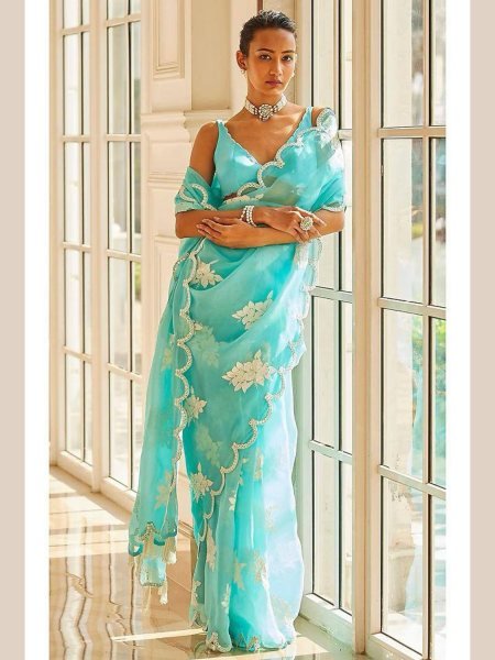 Sea Green Jimmy Choo Sequin Saree Designer Arco Cut Elegance with Banglory Blouse JIMMY CHOO SAREE