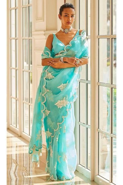 Sea Green Jimmy Choo Sequin Saree Designer Arco Cut Elegance with Banglory Blouse JIMMY CHOO SAREE