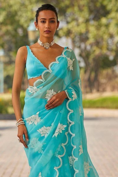 Sea Green Jimmy Choo Sequin Saree Designer Arco Cut Elegance with Banglory Blouse JIMMY CHOO SAREE