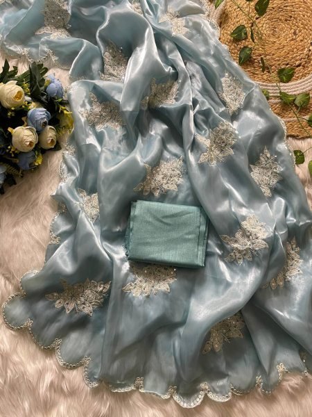 Sea Green Jimmy Choo Sequin Saree Designer Arco Cut Elegance with Banglory Blouse JIMMY CHOO SAREE