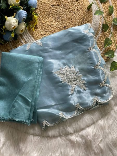 Sea Green Jimmy Choo Sequin Saree Designer Arco Cut Elegance with Banglory Blouse JIMMY CHOO SAREE