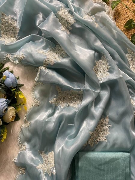 Sea Green Jimmy Choo Sequin Saree Designer Arco Cut Elegance with Banglory Blouse JIMMY CHOO SAREE