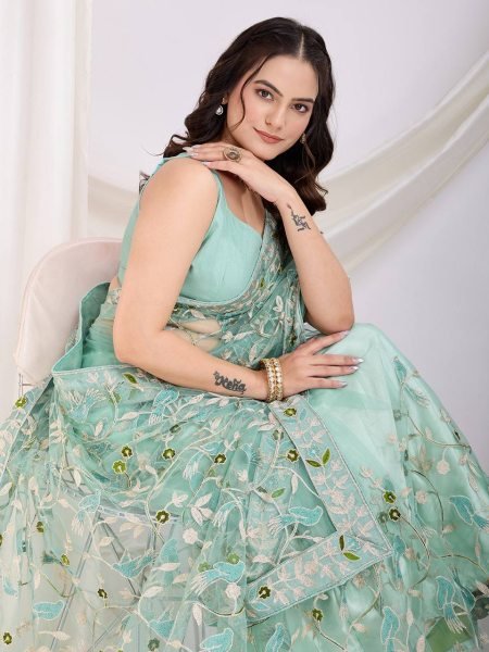 Sea Green Soft Net C-Pallu Saree with Elegant Chikankari Work Perfect for Reception Look Net Sarees Wholesale