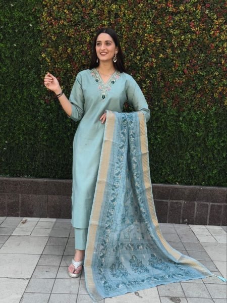 Seagreen color roman silk  trendy girlie suit