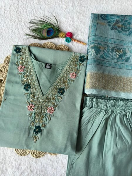 Seagreen color roman silk  trendy girlie suit 3 Piece Kurti Set