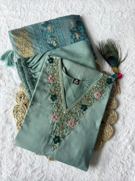 Seagreen color roman silk  trendy girlie suit 3 Piece Kurti Set