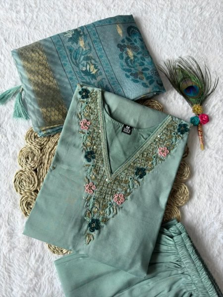 Seagreen color roman silk  trendy girlie suit 3 Piece Kurti Set