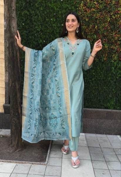 Seagreen color roman silk  trendy girlie suit 3 Piece Kurti Set