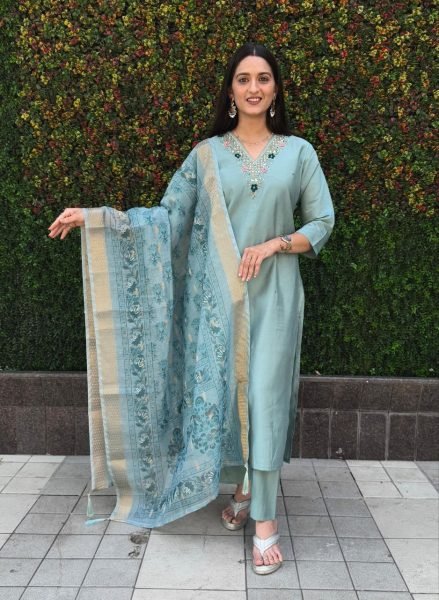 Seagreen color roman silk  trendy girlie suit 3 Piece Kurti Set