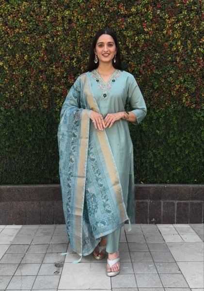 Seagreen color roman silk  trendy girlie suit 3 Piece Kurti Set