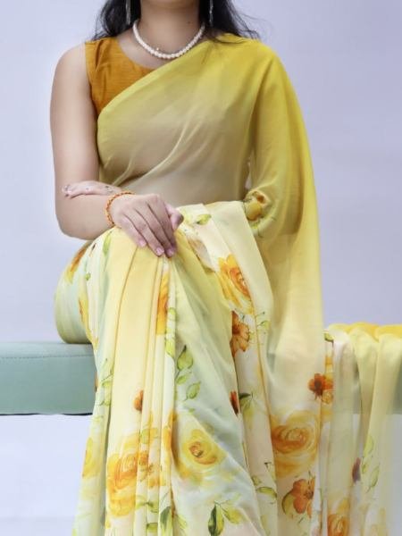 Seamless Yellow Floral Printed Saree with Silk Banglory Blouse Online 