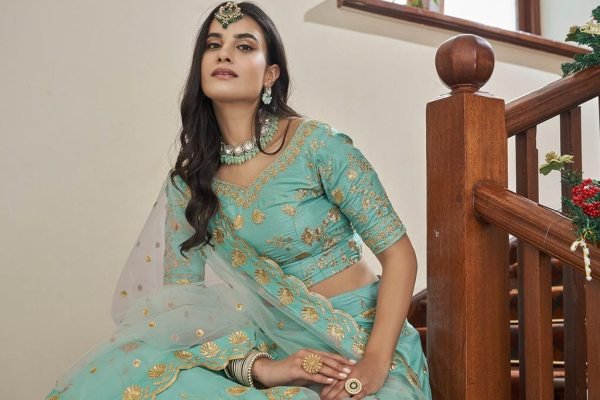 Sequins Embroidered Art Silk Wedding Wear Lehenga Choli In Sky Blue  Bridal Lehenga Choli