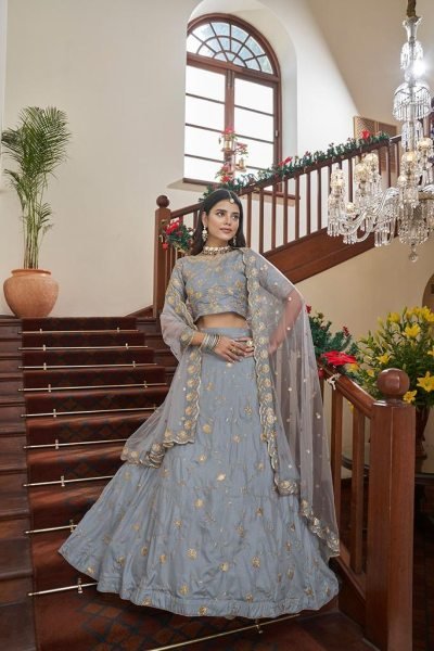 Sequins Embroidered Art Silk Wedding Wear Lehenga Choli In Grey Bridal Lehenga Choli