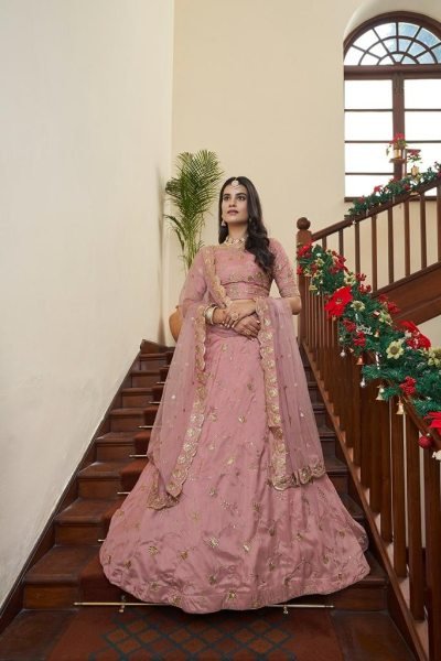 Sequins Embroidered Art Silk Wedding Wear Lehenga Choli In peach Bridal Lehenga Choli