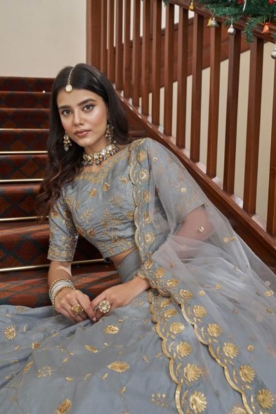 Sequins Embroidered Art Silk Wedding Wear Lehenga Choli In Grey Bridal Lehenga Choli