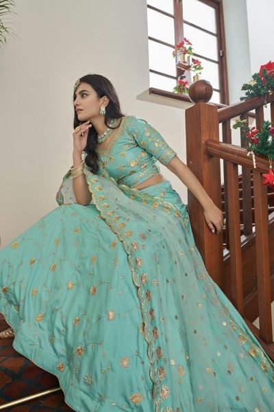 Sequins Embroidered Art Silk Wedding Wear Lehenga Choli In Sky Blue  Bridal Lehenga Choli