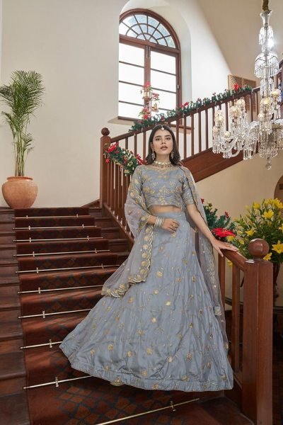 Sequins Embroidered Art Silk Wedding Wear Lehenga Choli In Grey Bridal Lehenga Choli