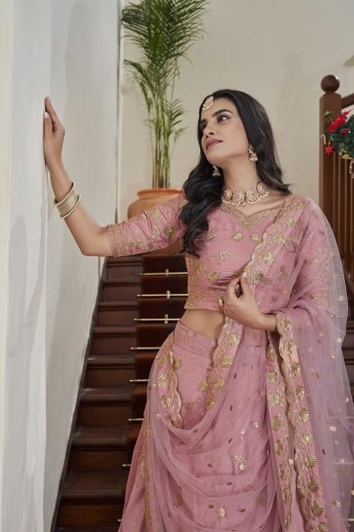 Sequins Embroidered Art Silk Wedding Wear Lehenga Choli In peach Bridal Lehenga Choli