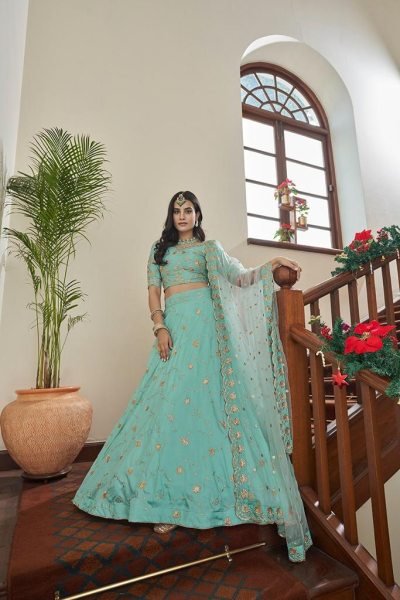 Sequins Embroidered Art Silk Wedding Wear Lehenga Choli In Sky Blue  Bridal Lehenga Choli