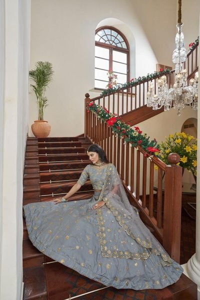 Sequins Embroidered Art Silk Wedding Wear Lehenga Choli In Grey Bridal Lehenga Choli