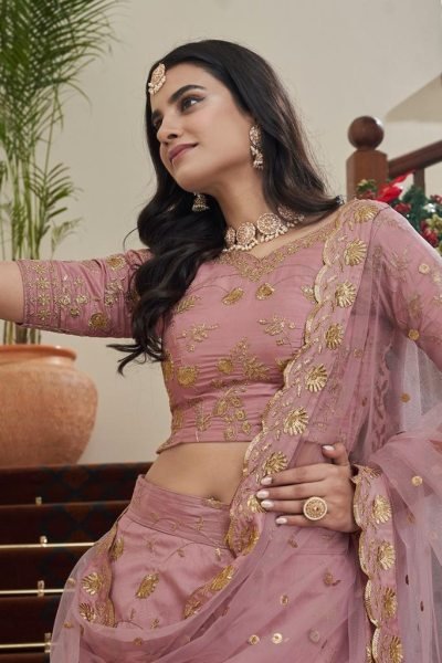 Sequins Embroidered Art Silk Wedding Wear Lehenga Choli In peach Bridal Lehenga Choli