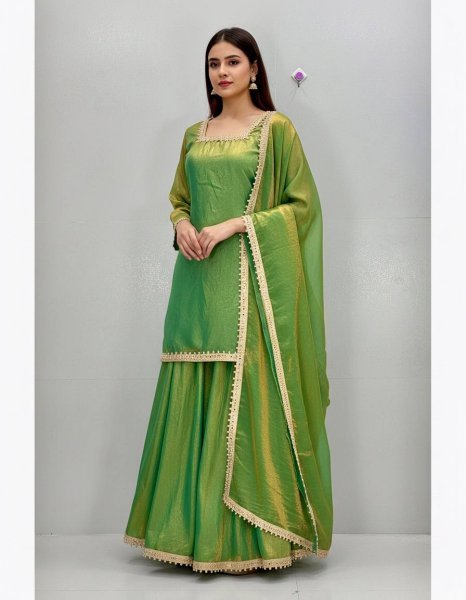 Serene Green Fendy Silk Embroidered Suit and Plazzo Set for 2025 Style Ready To Wear Collection