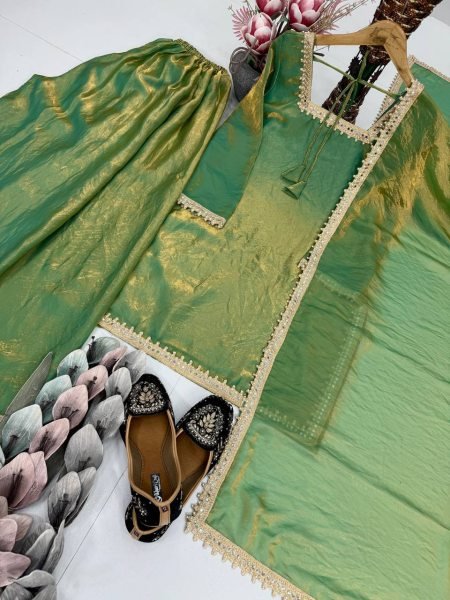 Serene Green Fendy Silk Embroidered Suit and Plazzo Set for 2025 Style Ready To Wear Collection