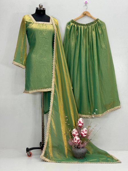 Serene Green Fendy Silk Embroidered Suit and Plazzo Set for 2025 Style Ready To Wear Collection