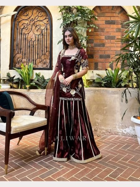 Latest Winter Viscos  Velvet Sharara set with Heavy Embroidery work Ready To Wear Collection