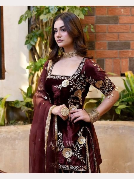 Latest Winter Viscos  Velvet Sharara set with Heavy Embroidery work Ready To Wear Collection